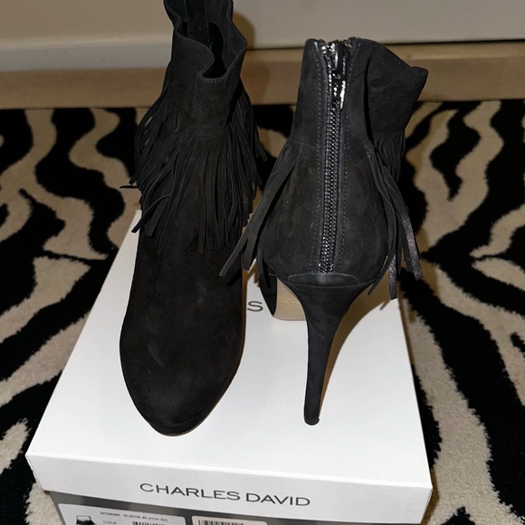 Brand New - Charles David, Black Suede Stiletto Ankle Booties with Fringe - Picture 2 of 3